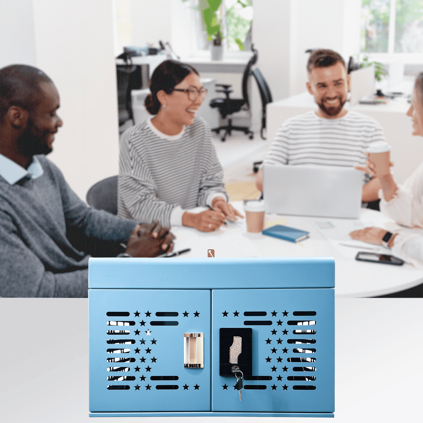 M-Y816AS-B - 16-Unit Charging Cabinet for Laptops & Tablets - Locking Laptop Storage Box for Classroom, Library, and Office - Cable Management, Charger Storage, and Ground Protection (Blue)