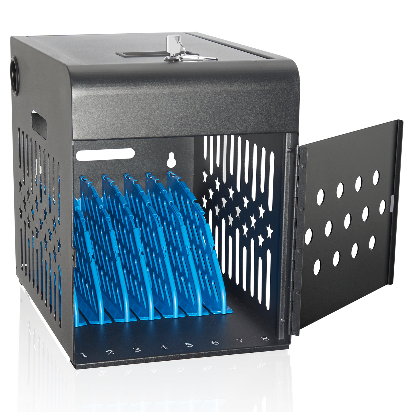 M-C8-H - 8 Tablet Charging Station Lock Box - Fits 14" Screen, Steel Case & Lockable Door, & 2 Keys Included - For Chromebook, Laptop,and Tablets - Ideal for Offices, Classrooms, & Hospitals (Black)