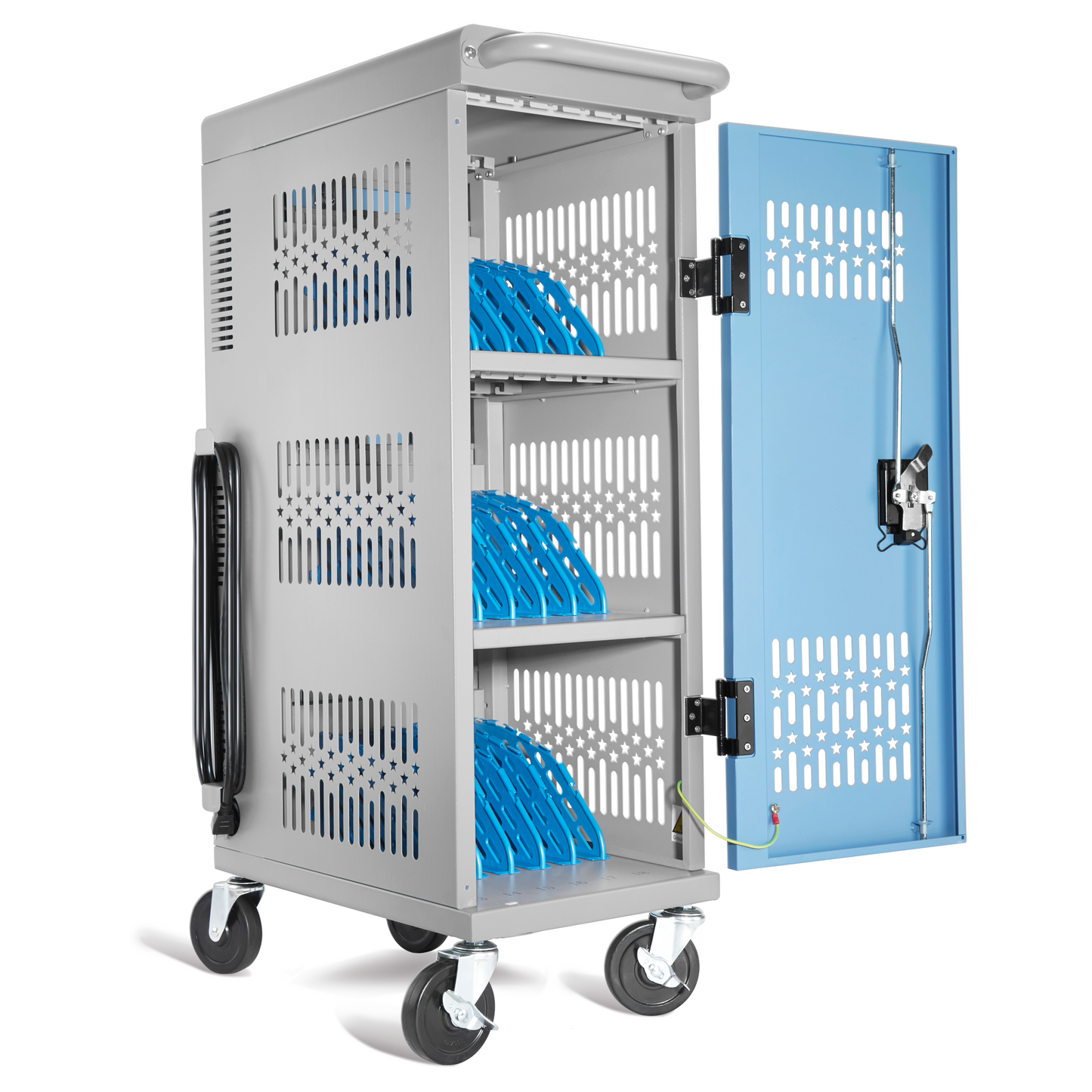 M-C18-T - Fully Assembled 18 Bay Heavy-Duty Metal Mobile Charging and Storage Cart for iPad,Chromebook and Laptop Computer Up to 14-inch Screen Size with Key Locks, Charger and Cable Organization,Grey