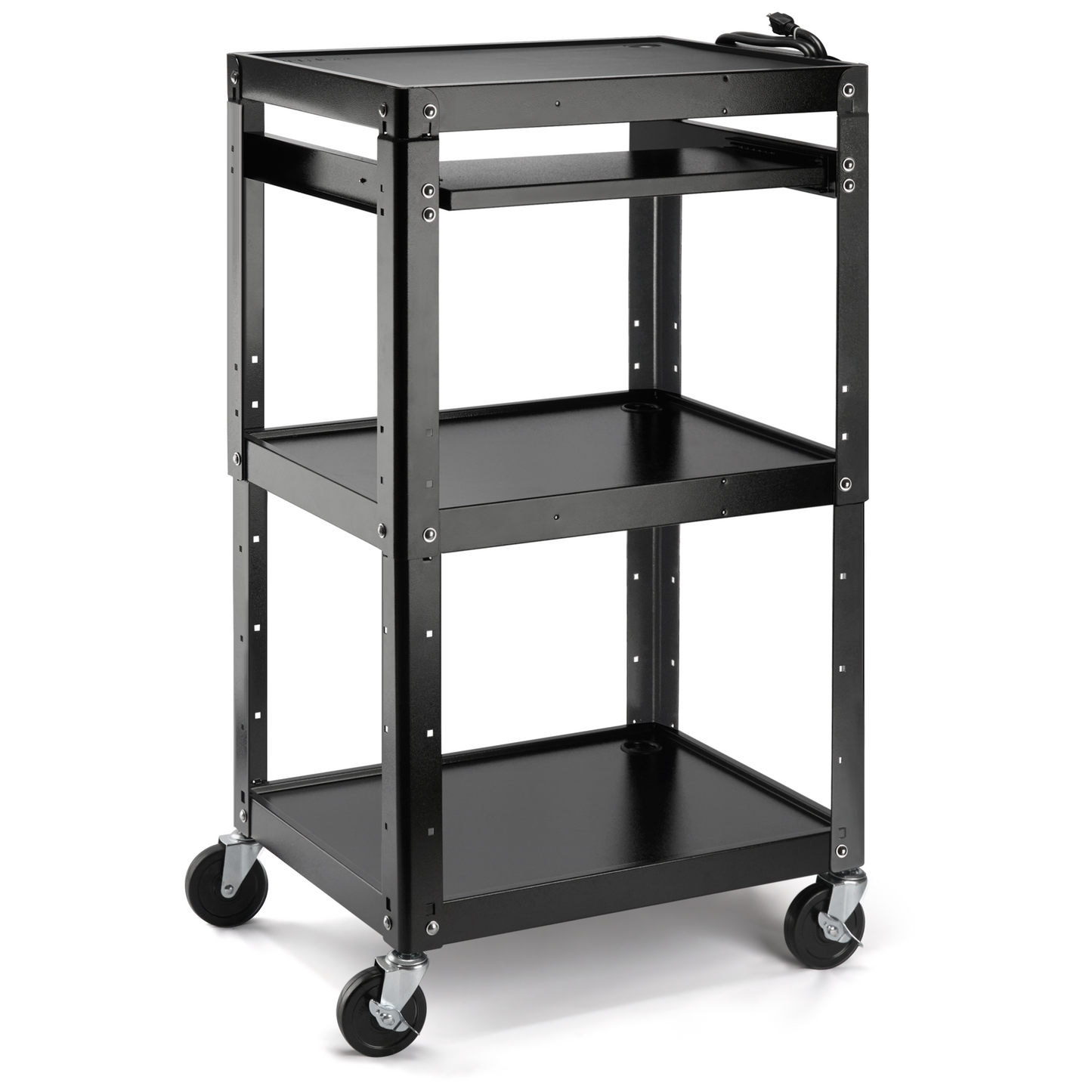 M-AV-J - AV Presentation Cart Stand for Video Projector,TV,Laptop Computers,Printers,Metal Construction Rolling Cart with Adjustable Shelves,4 Wheels,4 Outlets, 5.75ft Cord,Support 300 lbs,Black