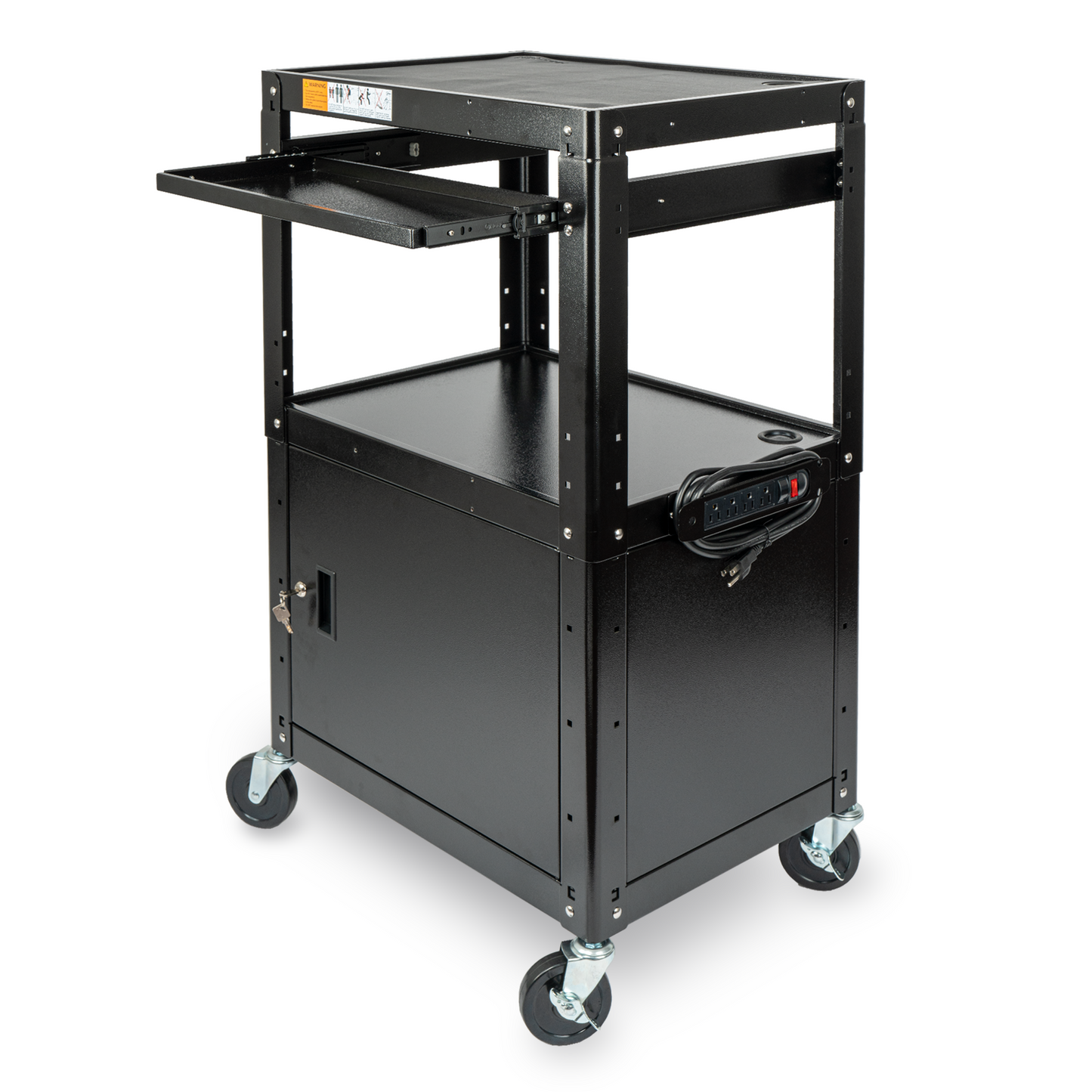 M-AV-G - Steel Large AV Cart with Extra Storage - Adjustable Height Cart with Locking Cabinet, Pullout Tray, Power Strip, and Cord Management - Holds 300 lbs and Easy to Assemble (24'' x 18'' x 42'')