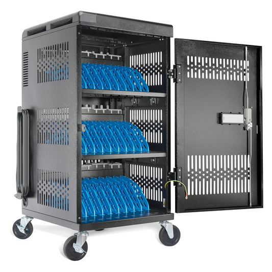 M-C30B-H - Fully Assembled 30 Bay Mobile Charging and Storage Cart for iPad,Chromebook and Laptop Computer with Keypad Lock,Up to 14-inch Screen Size,Surge Protection,Front & Back Access Locking Cabinet