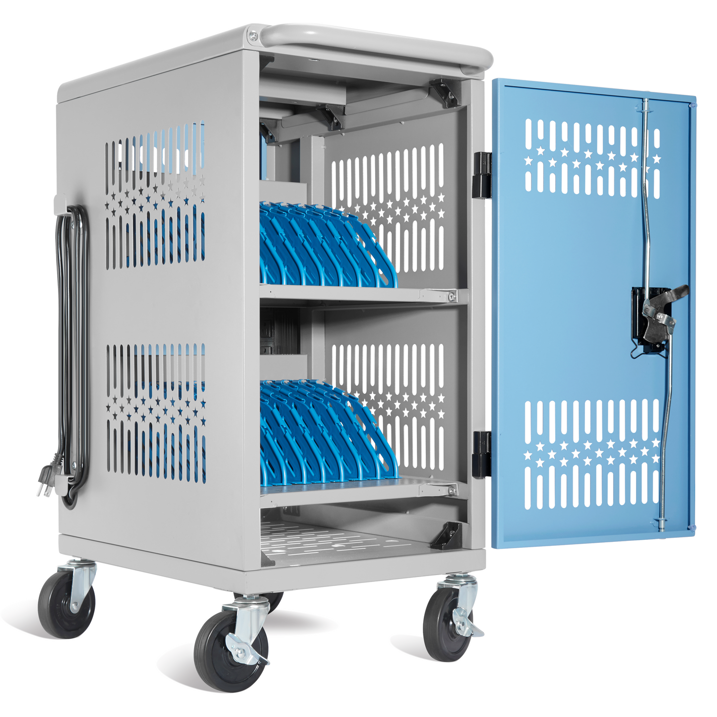 M-C20-T - 20 Bay mobile charging cart with storage for multiple Chromebook, laptop, kindle, iPad | Charging Station with Cable Management for classroom less assembly