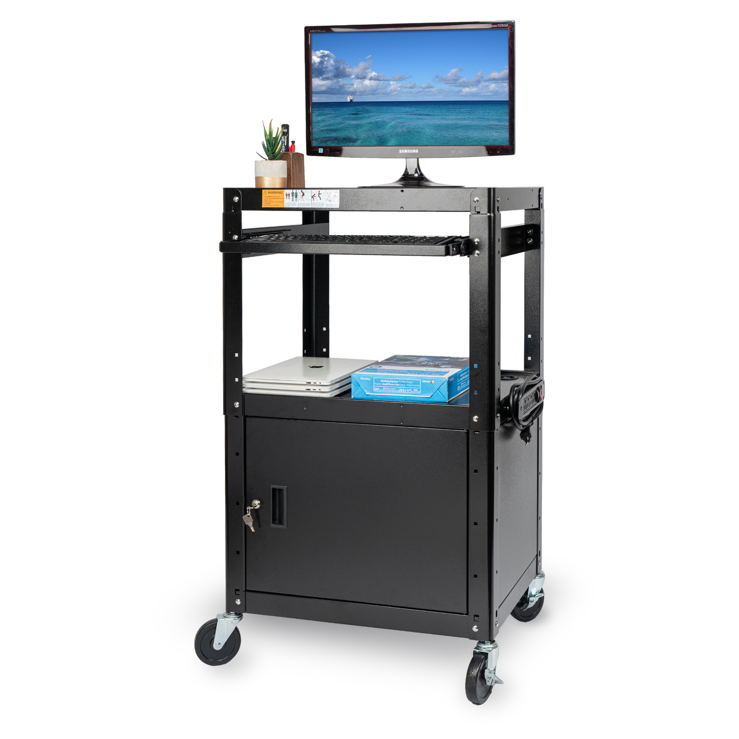 M-AV-G - Steel Large AV Cart with Extra Storage - Adjustable Height Cart with Locking Cabinet, Pullout Tray, Power Strip, and Cord Management - Holds 300 lbs and Easy to Assemble (24'' x 18'' x 42'')