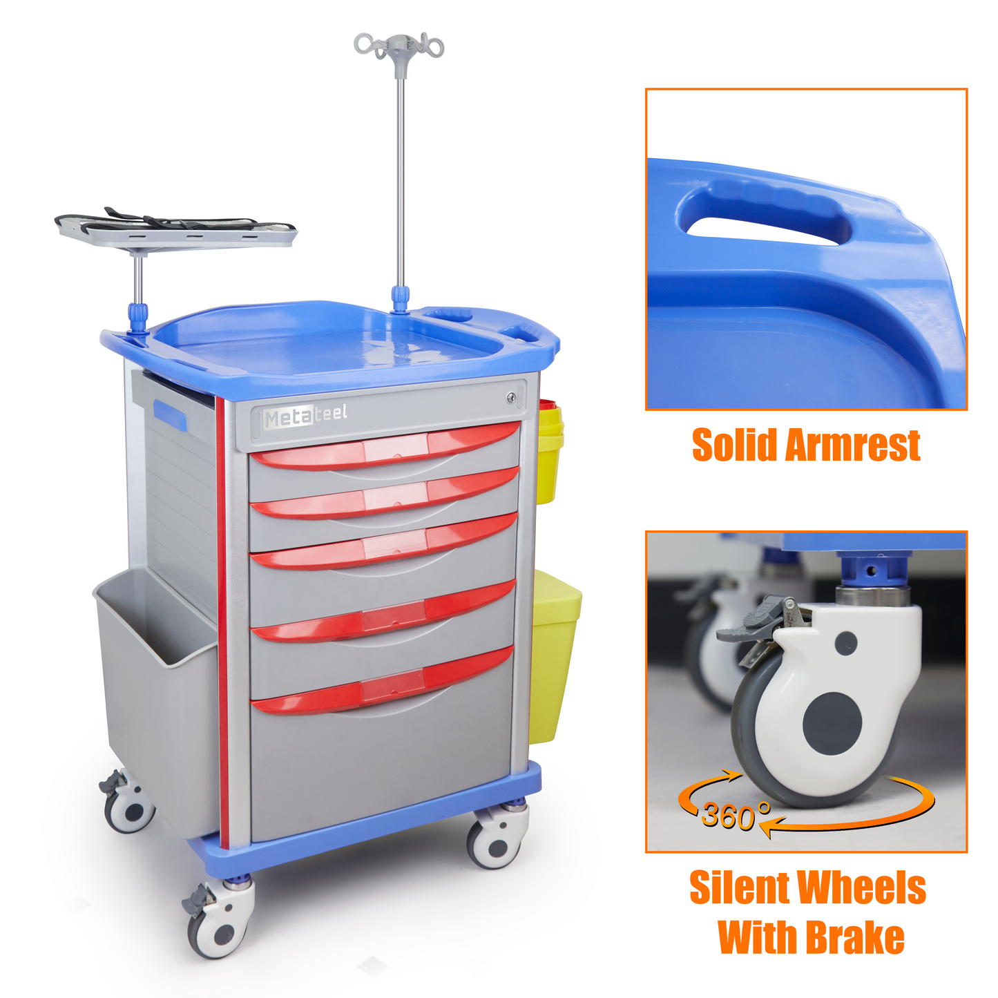 M-ET-01 - Crash Cart with Emergency Accessory - Cardiac Board, IV Pole, O2 Holder, Power Strip, Trash Bin, Drawers with Dividers, Lite Emergency Hospital Crash Cart for Hospitals and Clinics