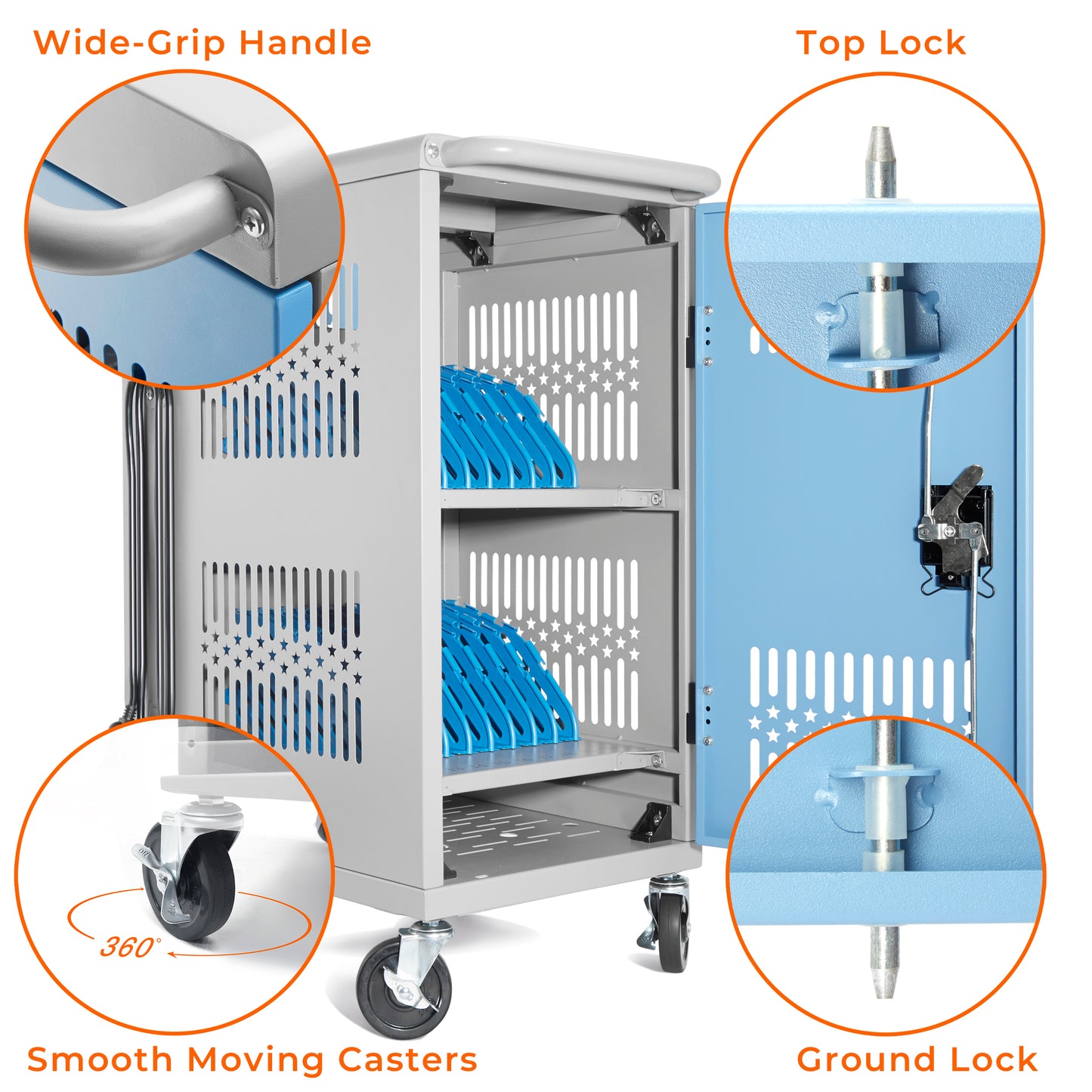M-C20-T - 20 Bay mobile charging cart with storage for multiple Chromebook, laptop, kindle, iPad | Charging Station with Cable Management for classroom less assembly