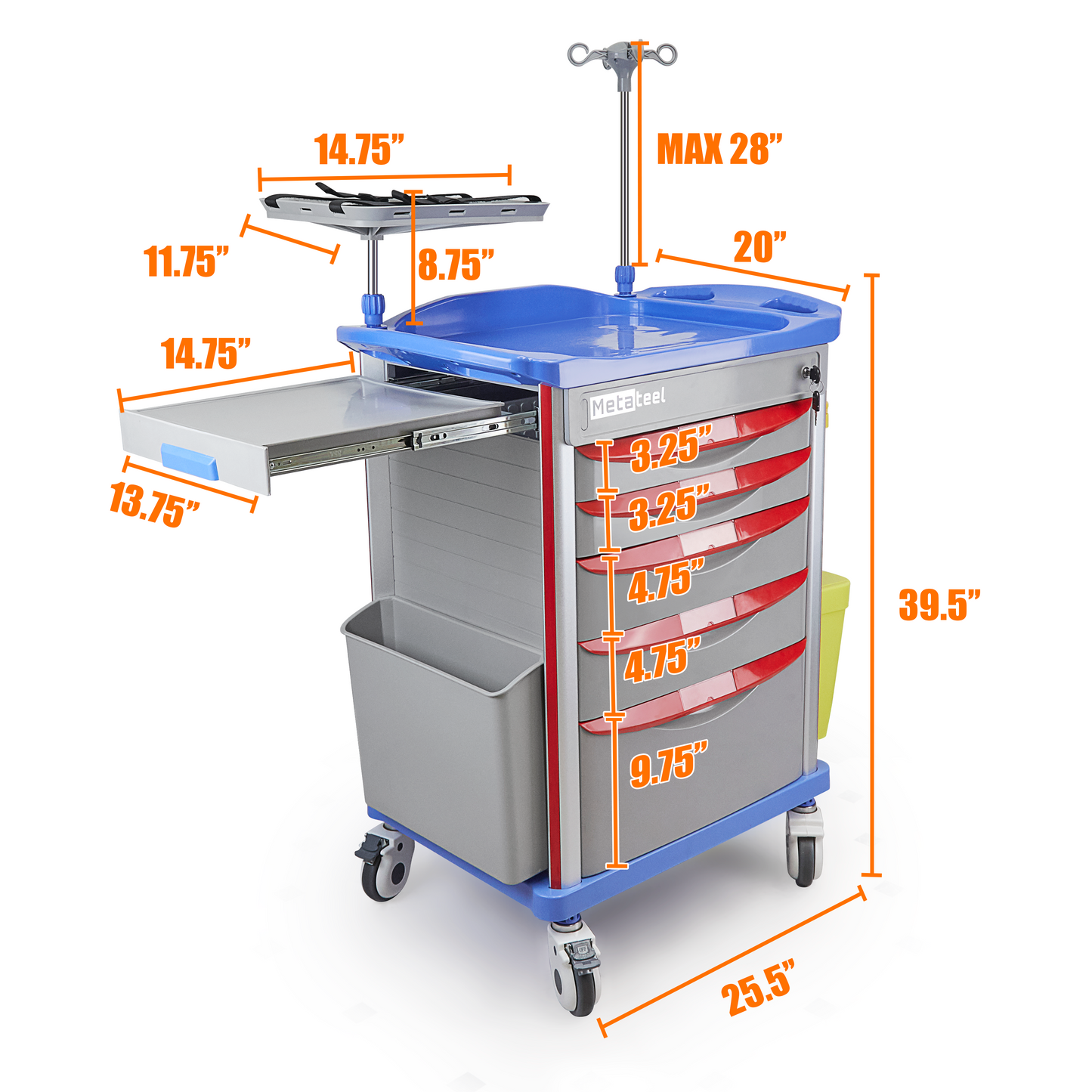 M-ET-01 - Crash Cart with Emergency Accessory - Cardiac Board, IV Pole, O2 Holder, Power Strip, Trash Bin, Drawers with Dividers, Lite Emergency Hospital Crash Cart for Hospitals and Clinics