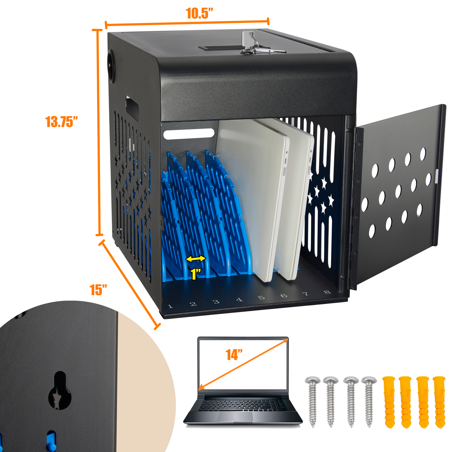 M-C8-H - 8 Tablet Charging Station Lock Box - Fits 14" Screen, Steel Case & Lockable Door, & 2 Keys Included - For Chromebook, Laptop,and Tablets - Ideal for Offices, Classrooms, & Hospitals (Black)