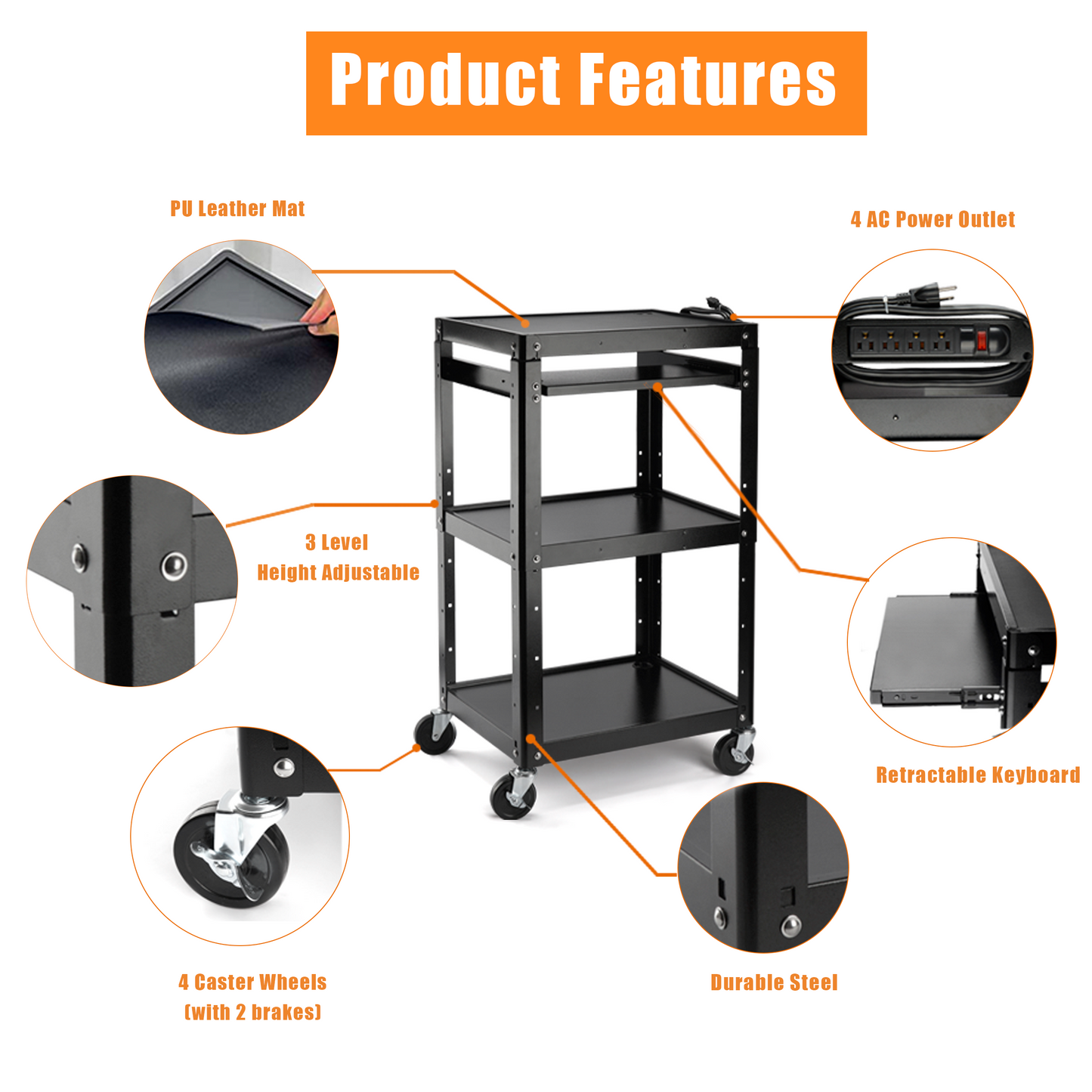 M-AV-J - AV Presentation Cart Stand for Video Projector,TV,Laptop Computers,Printers,Metal Construction Rolling Cart with Adjustable Shelves,4 Wheels,4 Outlets, 5.75ft Cord,Support 300 lbs,Black