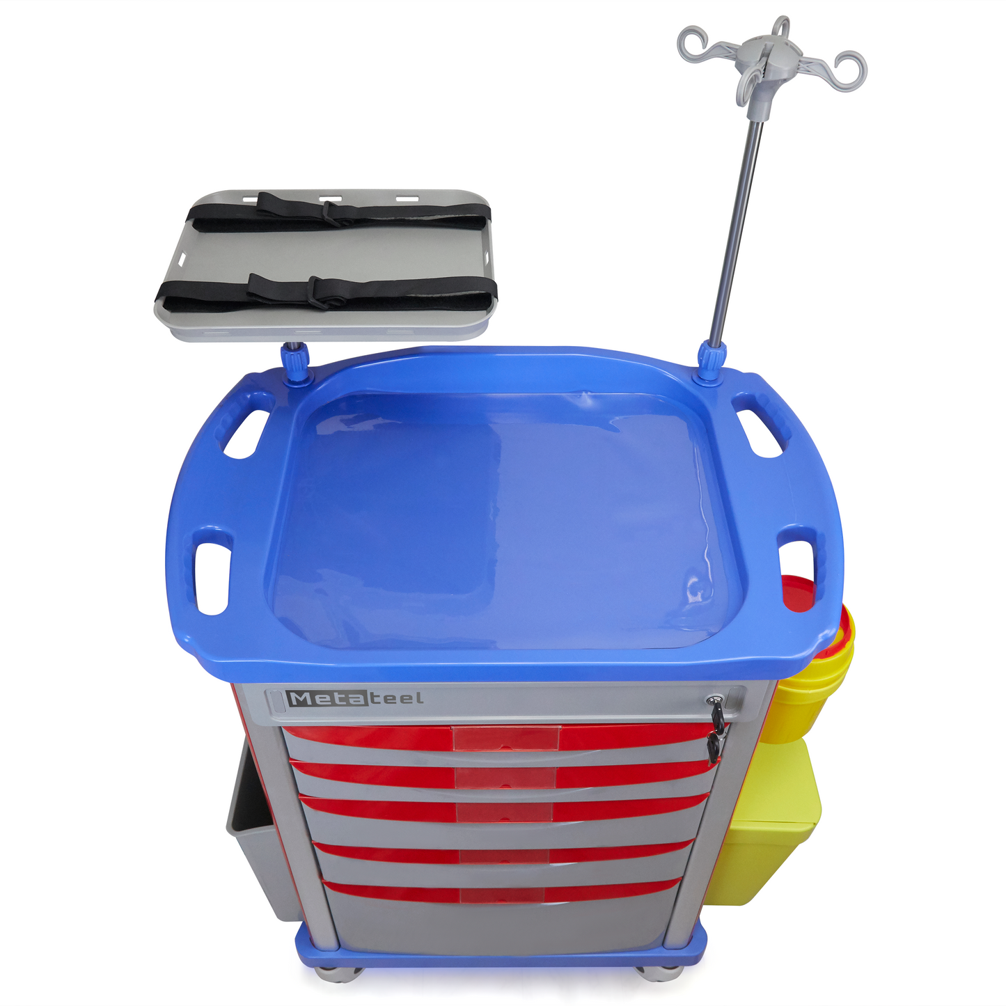 M-ET-01 - Crash Cart with Emergency Accessory - Cardiac Board, IV Pole, O2 Holder, Power Strip, Trash Bin, Drawers with Dividers, Lite Emergency Hospital Crash Cart for Hospitals and Clinics