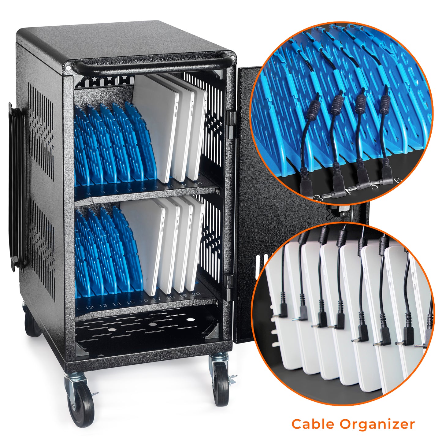 M-C20-H - Pre-Assembled American Style Heavy-Duty 20 Bay Laptop Charging Cart for School Classroom Storing and Charing 20 Chromebook, Laptop, and Tablet