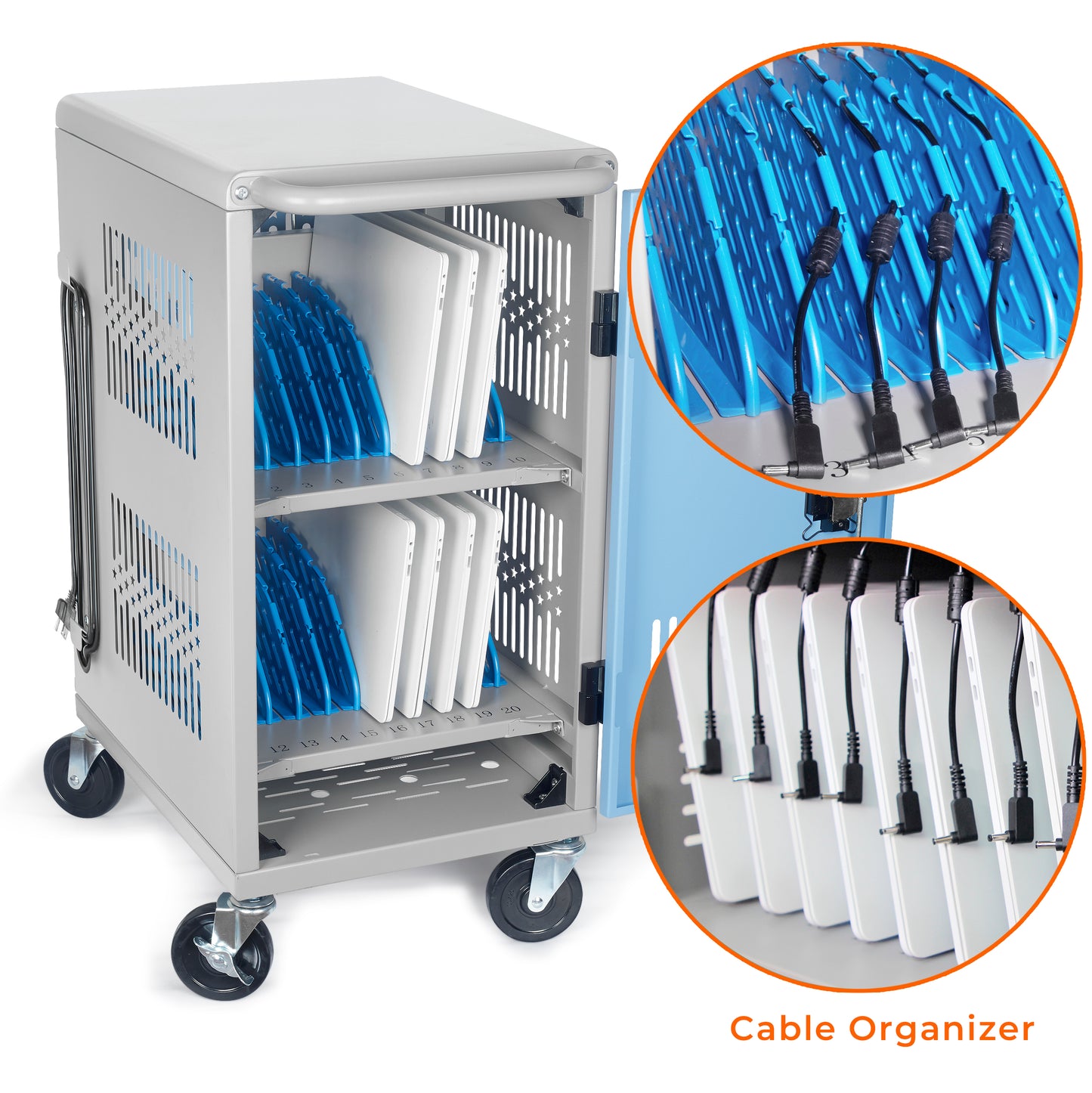 M-C20-T - 20 Bay mobile charging cart with storage for multiple Chromebook, laptop, kindle, iPad | Charging Station with Cable Management for classroom less assembly