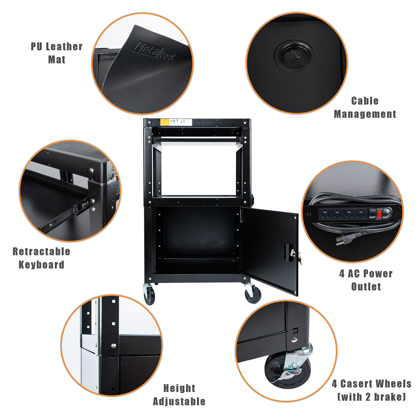 M-AV-G - Steel Large AV Cart with Extra Storage - Adjustable Height Cart with Locking Cabinet, Pullout Tray, Power Strip, and Cord Management - Holds 300 lbs and Easy to Assemble (24'' x 18'' x 42'')