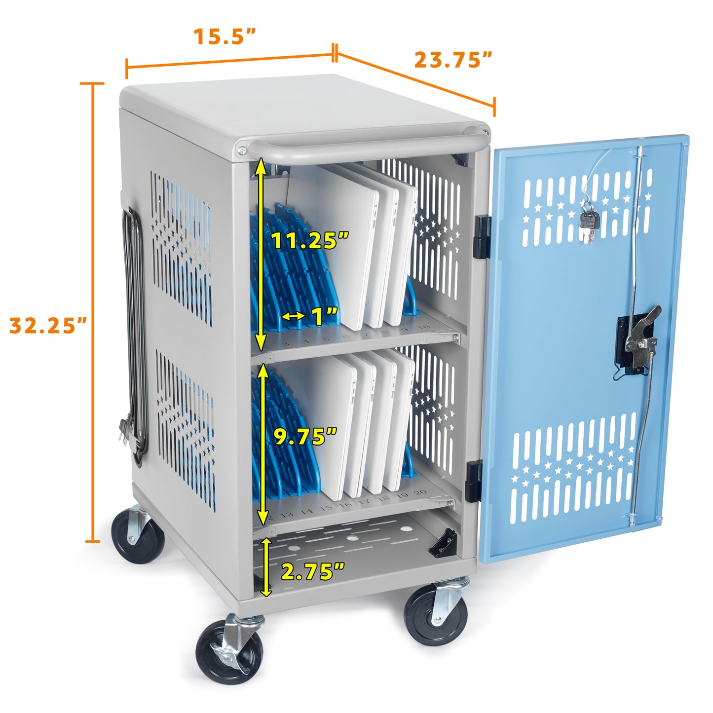 M-C20-T - 20 Bay mobile charging cart with storage for multiple Chromebook, laptop, kindle, iPad | Charging Station with Cable Management for classroom less assembly