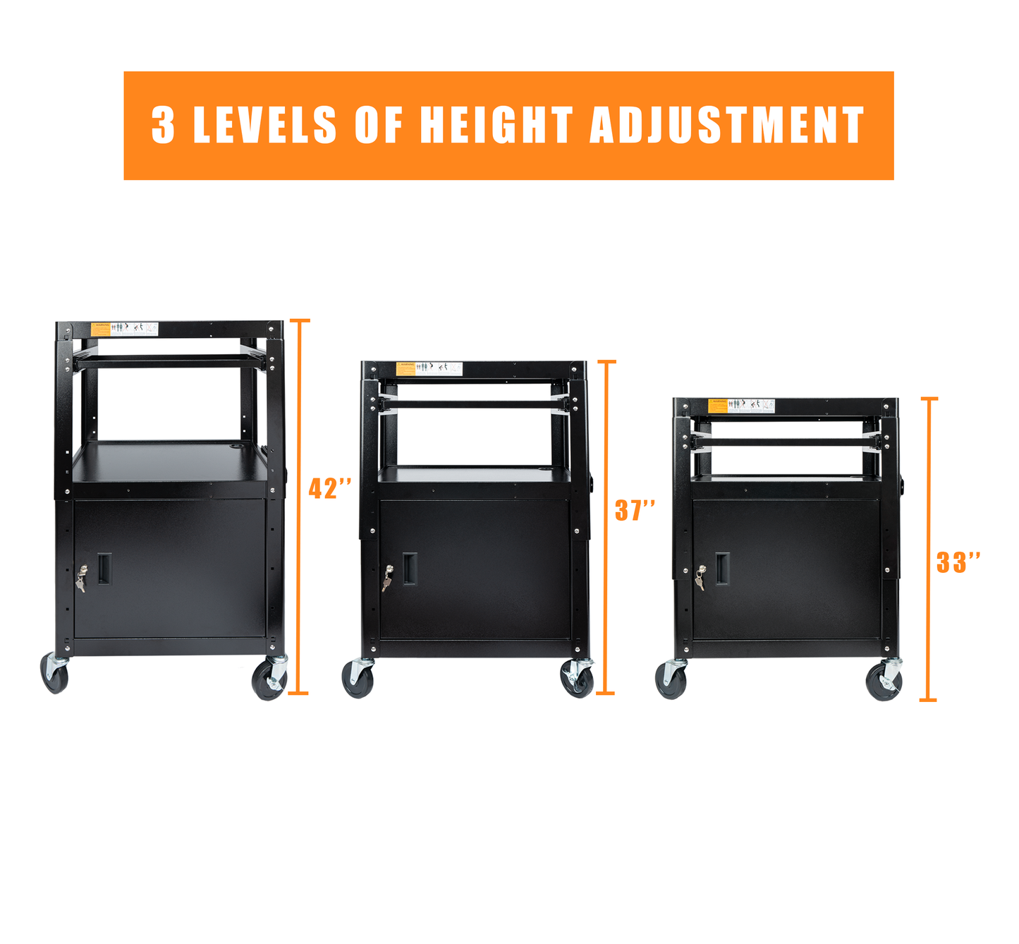 M-AV-G - Steel Large AV Cart with Extra Storage - Adjustable Height Cart with Locking Cabinet, Pullout Tray, Power Strip, and Cord Management - Holds 300 lbs and Easy to Assemble (24'' x 18'' x 42'')