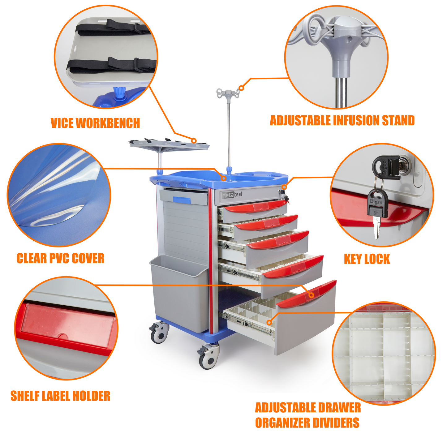M-ET-01 - Crash Cart with Emergency Accessory - Cardiac Board, IV Pole, O2 Holder, Power Strip, Trash Bin, Drawers with Dividers, Lite Emergency Hospital Crash Cart for Hospitals and Clinics