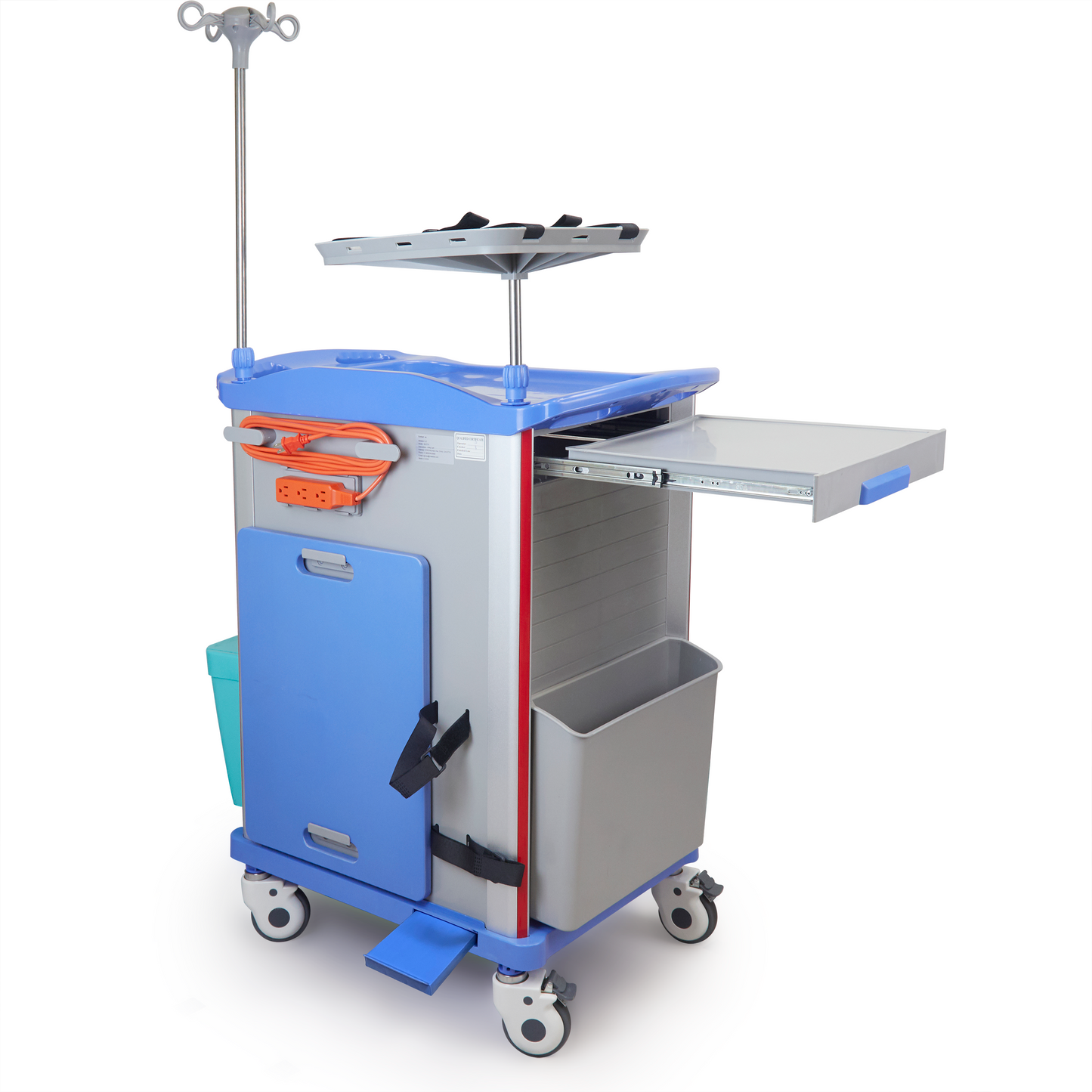 M-ET-01 - Crash Cart with Emergency Accessory - Cardiac Board, IV Pole, O2 Holder, Power Strip, Trash Bin, Drawers with Dividers, Lite Emergency Hospital Crash Cart for Hospitals and Clinics