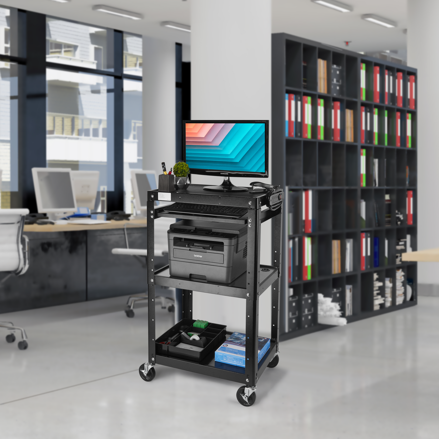 M-AV-J - AV Presentation Cart Stand for Video Projector,TV,Laptop Computers,Printers,Metal Construction Rolling Cart with Adjustable Shelves,4 Wheels,4 Outlets, 5.75ft Cord,Support 300 lbs,Black