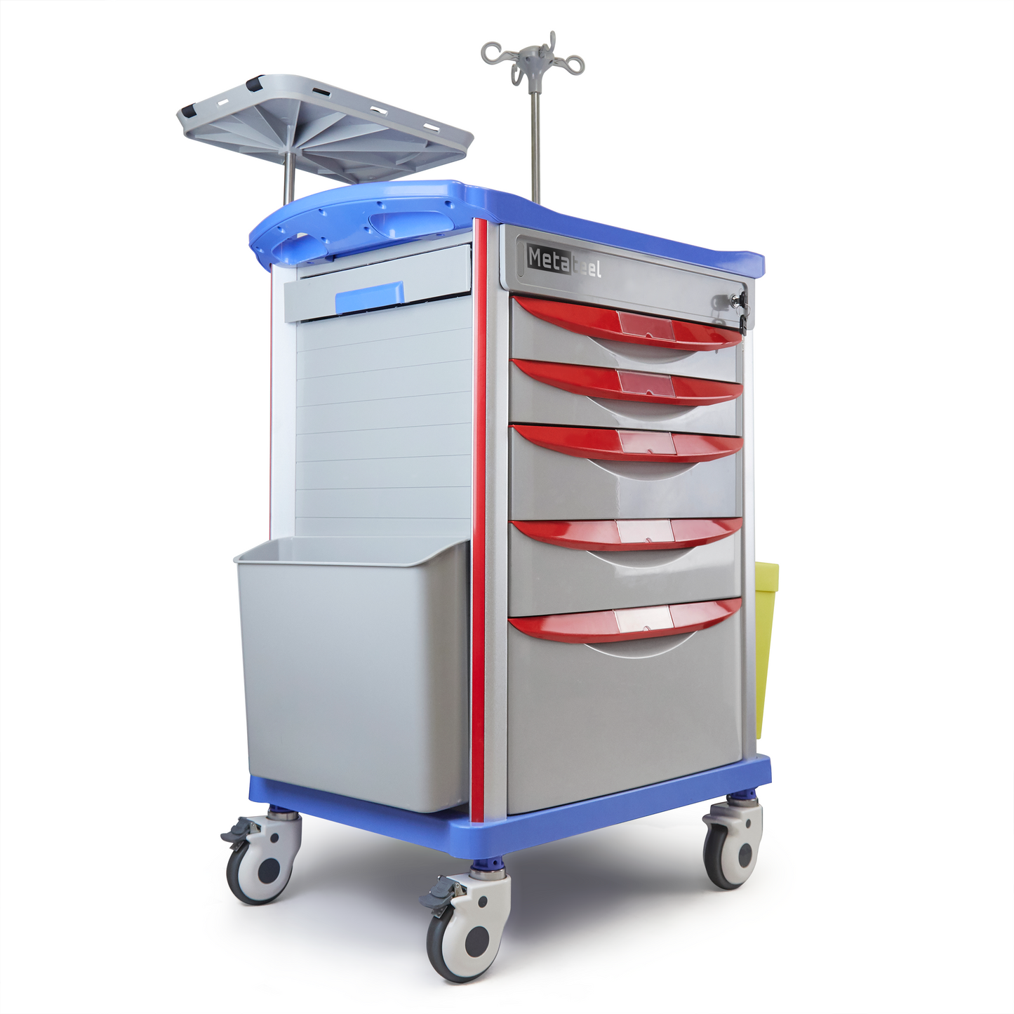 M-ET-01 - Crash Cart with Emergency Accessory - Cardiac Board, IV Pole, O2 Holder, Power Strip, Trash Bin, Drawers with Dividers, Lite Emergency Hospital Crash Cart for Hospitals and Clinics