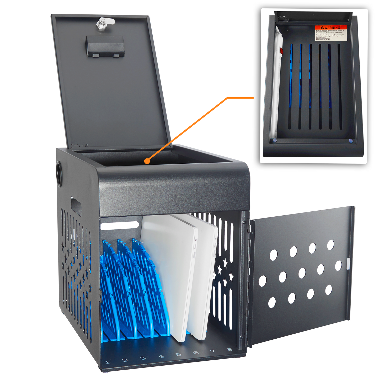 M-C8-H - 8 Tablet Charging Station Lock Box - Fits 14" Screen, Steel Case & Lockable Door, & 2 Keys Included - For Chromebook, Laptop,and Tablets - Ideal for Offices, Classrooms, & Hospitals (Black)