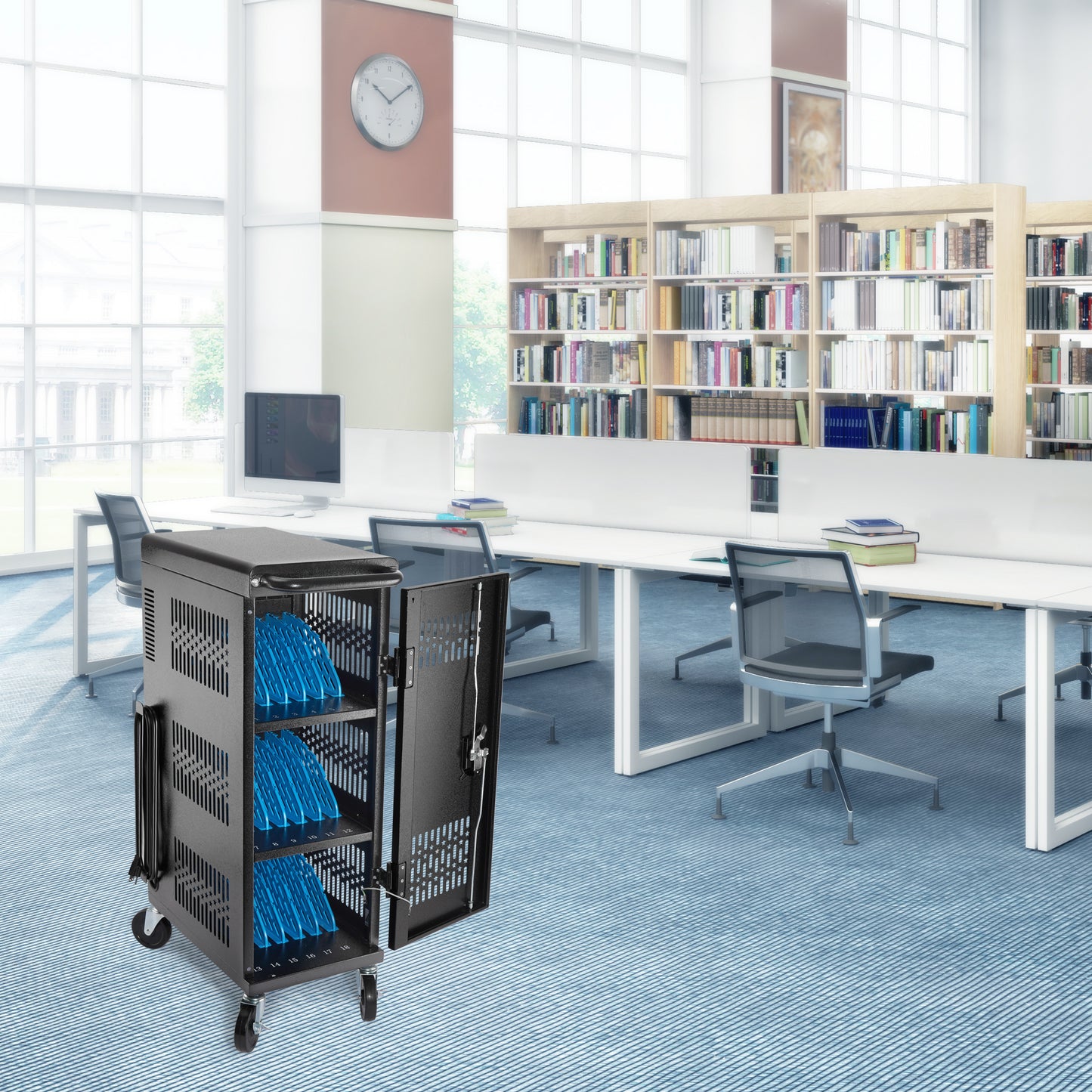 M-C18-H - Fully Assembled 18 Bay Heavy-Duty Metal Mobile Charging and Storage Cart for iPad,Chromebook and Laptop Computer Up to 14-inch Screen Size with Key Locks, Charger and Cable Organization,Black