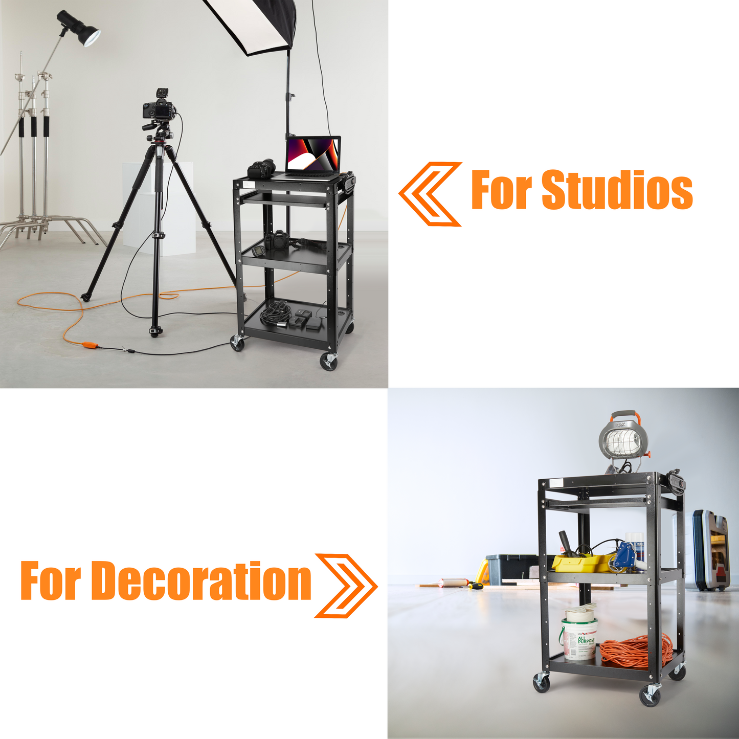 M-AV-J - AV Presentation Cart Stand for Video Projector,TV,Laptop Computers,Printers,Metal Construction Rolling Cart with Adjustable Shelves,4 Wheels,4 Outlets, 5.75ft Cord,Support 300 lbs,Black