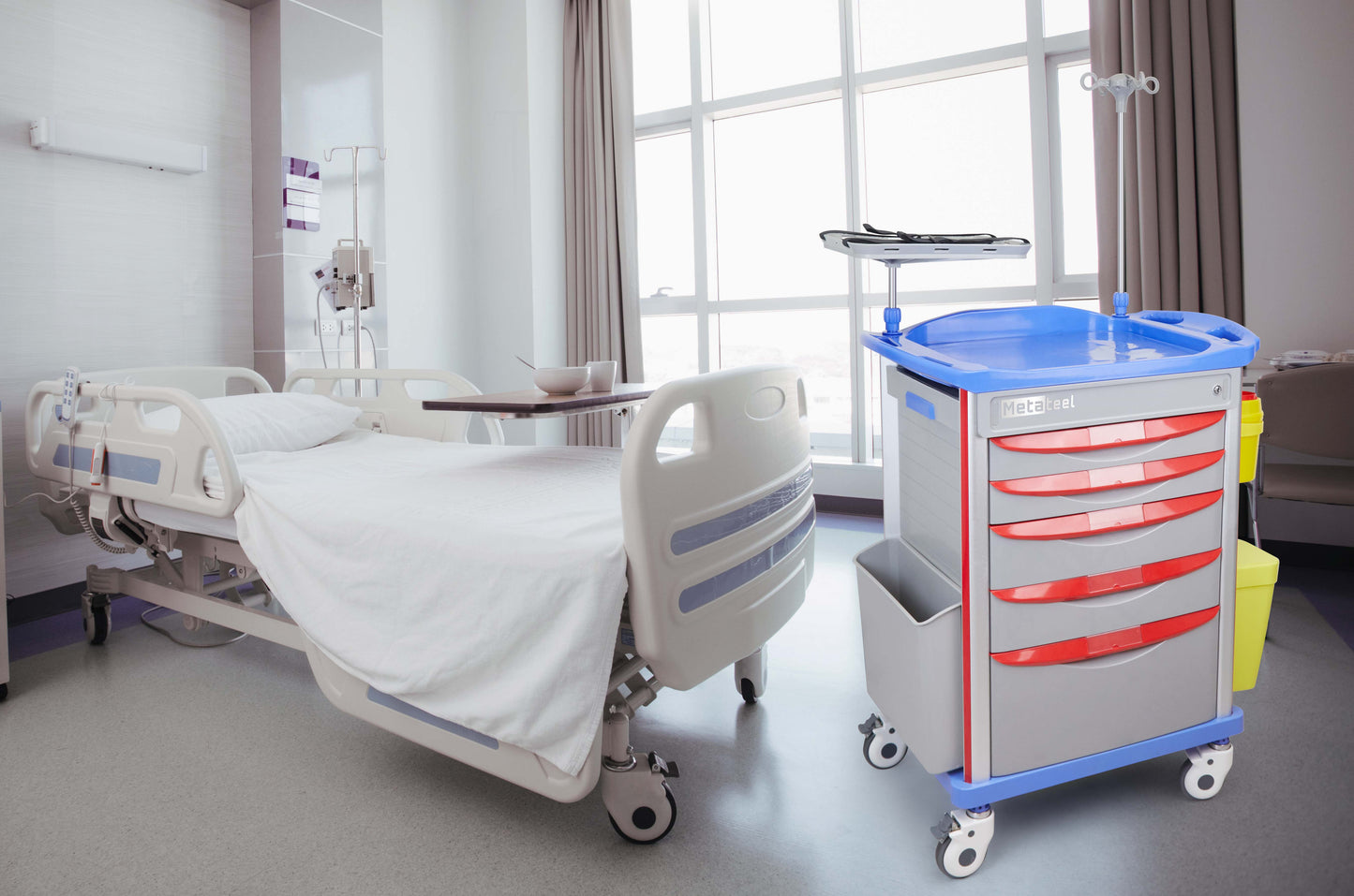 M-ET-01 - Crash Cart with Emergency Accessory - Cardiac Board, IV Pole, O2 Holder, Power Strip, Trash Bin, Drawers with Dividers, Lite Emergency Hospital Crash Cart for Hospitals and Clinics