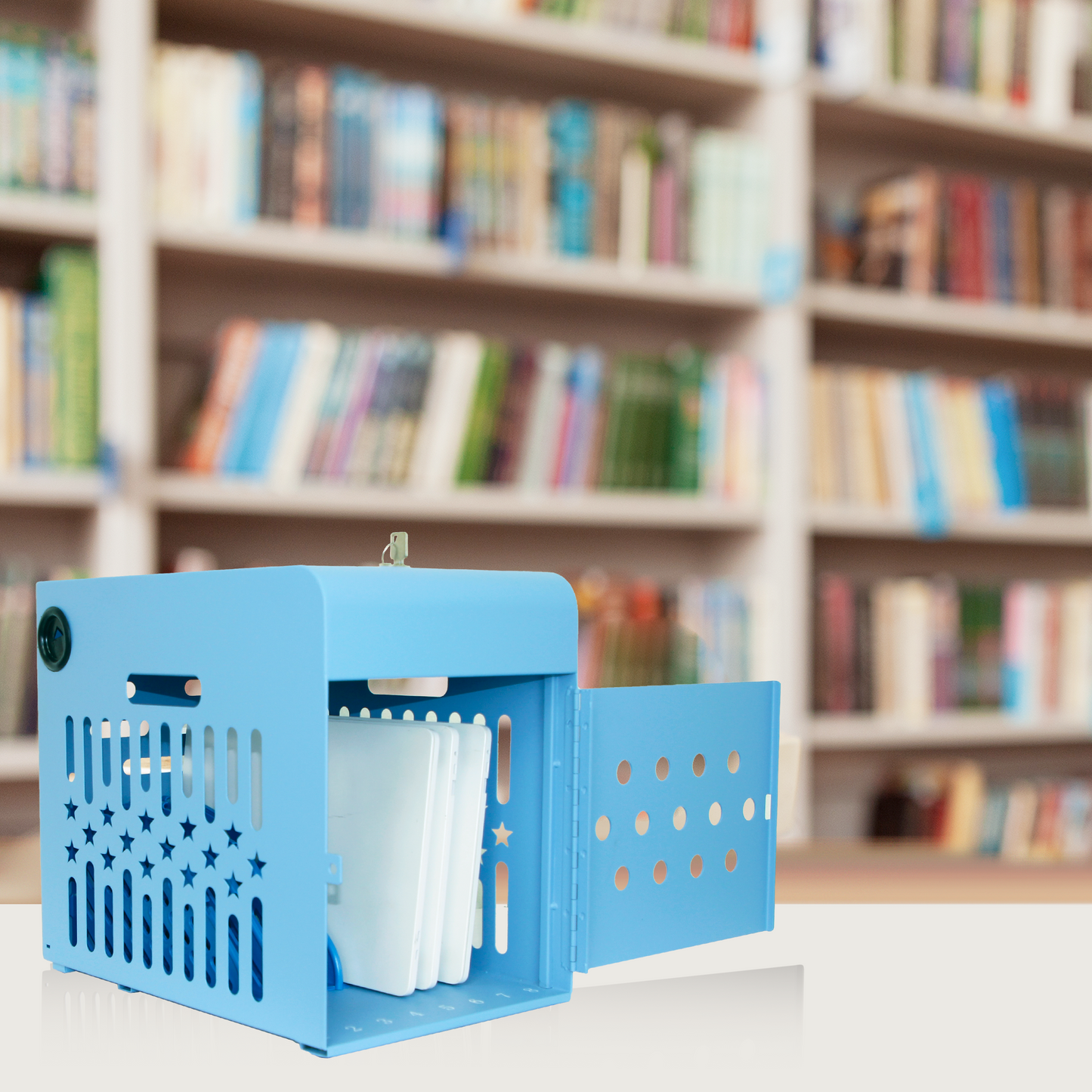 M-C8-B - 8 Tablet Charging Station Lock Box - Fits 14" Screen, Steel Case & Lockable Door, & 2 Keys Included - For Chromebook, Laptop,and Tablets - Ideal for Offices, Classrooms, & Hospitals (Blue)