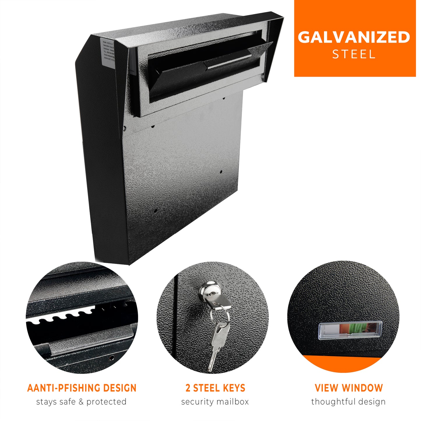 M-D1C-H - Through The Door Heavy Duty Locking Drop Box Safe Locking Deposit Drop Box, Rainproof Drop Box, Steel Mailbox for Depositing Mail, Keys, Rent Payments, Checks, Black