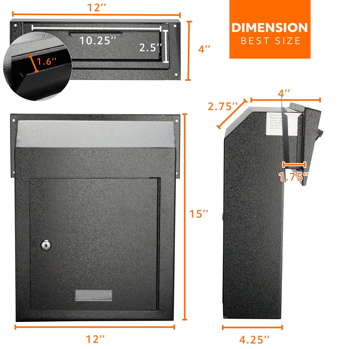 M-D1C-H - Through The Door Heavy Duty Locking Drop Box Safe Locking Deposit Drop Box, Rainproof Drop Box, Steel Mailbox for Depositing Mail, Keys, Rent Payments, Checks, Black
