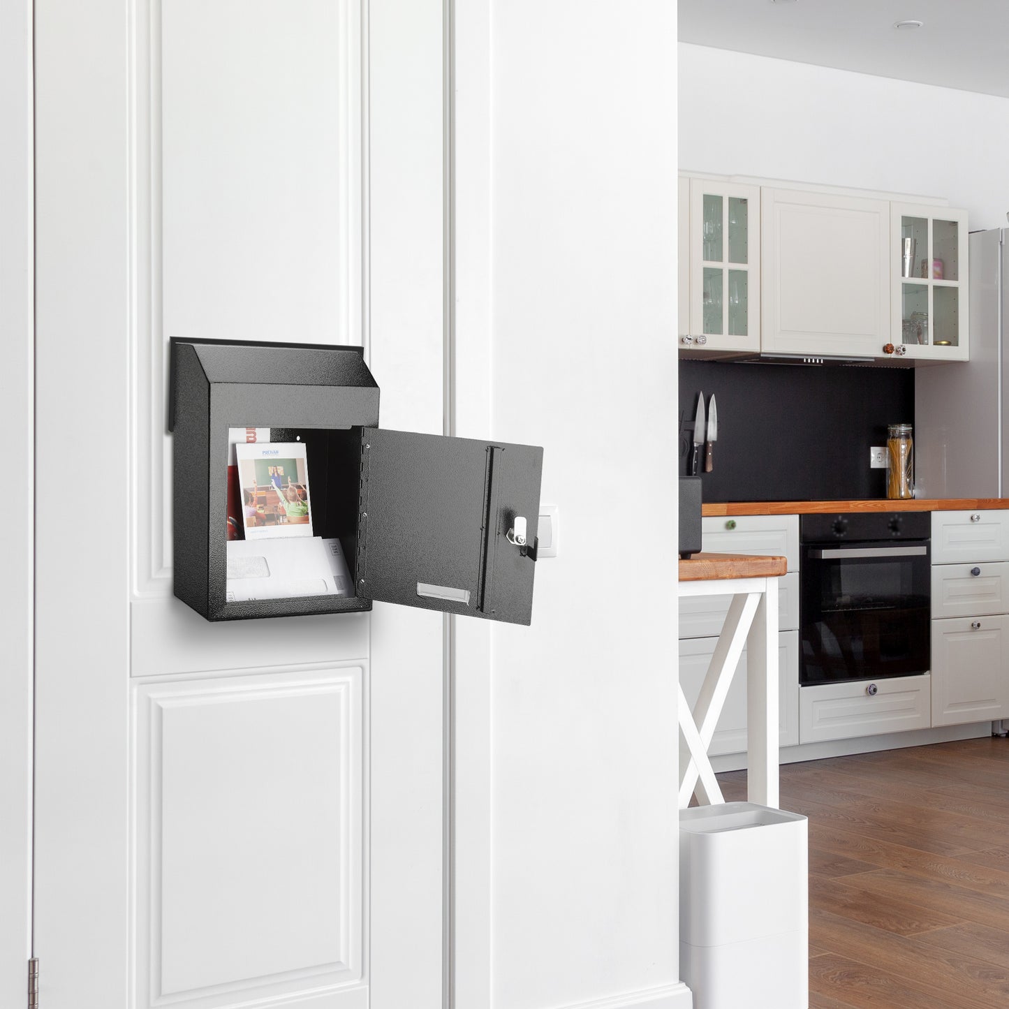 M-D1C-H - Through The Door Heavy Duty Locking Drop Box Safe Locking Deposit Drop Box, Rainproof Drop Box, Steel Mailbox for Depositing Mail, Keys, Rent Payments, Checks, Black