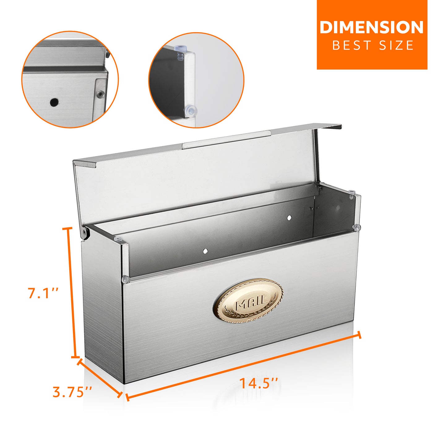 M-D20 - Metal Drop Box,Heavy Duty Letter Box Stainless Steel Mailbox Wall Mount Locking Mailbox Office Business Parcel Box for Door Wall Outdoor Mailbox, Stylish Look,Silver,3.75" x 14.5" x 7.1"