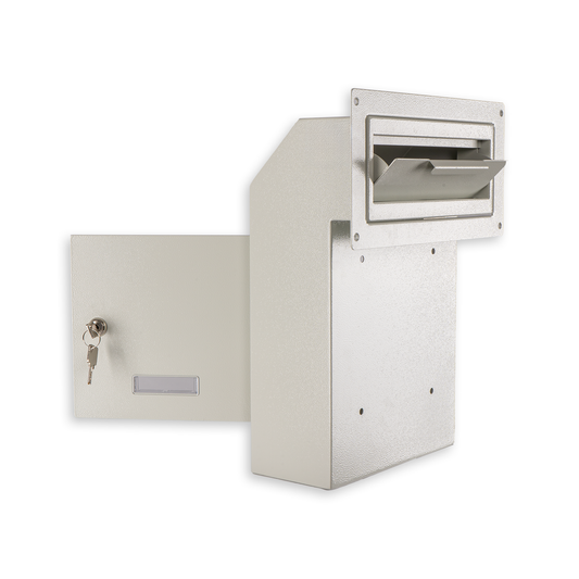 M-D1A-W -  Door Drop Box for Mail, Rent, Deposit, and Night Key - Through The Door Locking Steel Mailbox with Rear Access | 9.75” L x 4.25” W x 14.75” H (White)