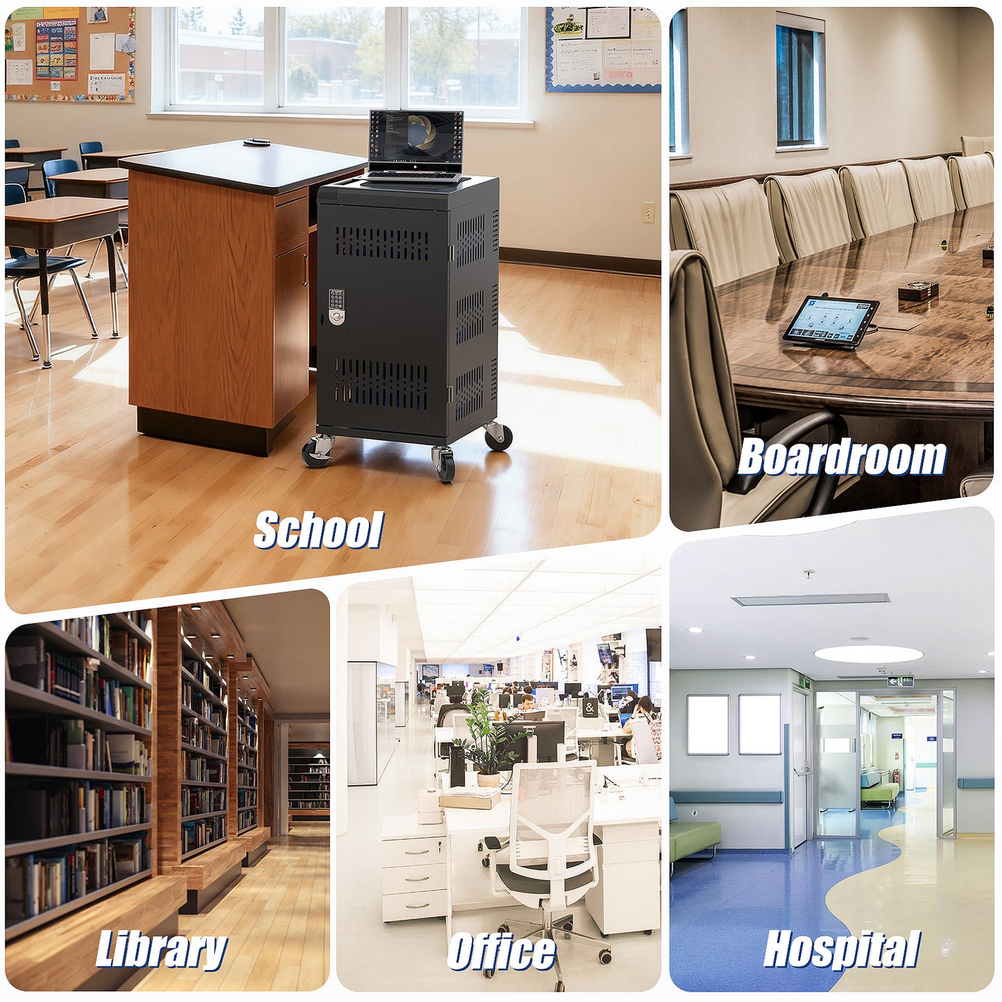 M-C30B-H - Fully Assembled 30 Bay Mobile Charging and Storage Cart for iPad,Chromebook and Laptop Computer with Keypad Lock,Up to 14-inch Screen Size,Surge Protection,Front & Back Access Locking Cabinet