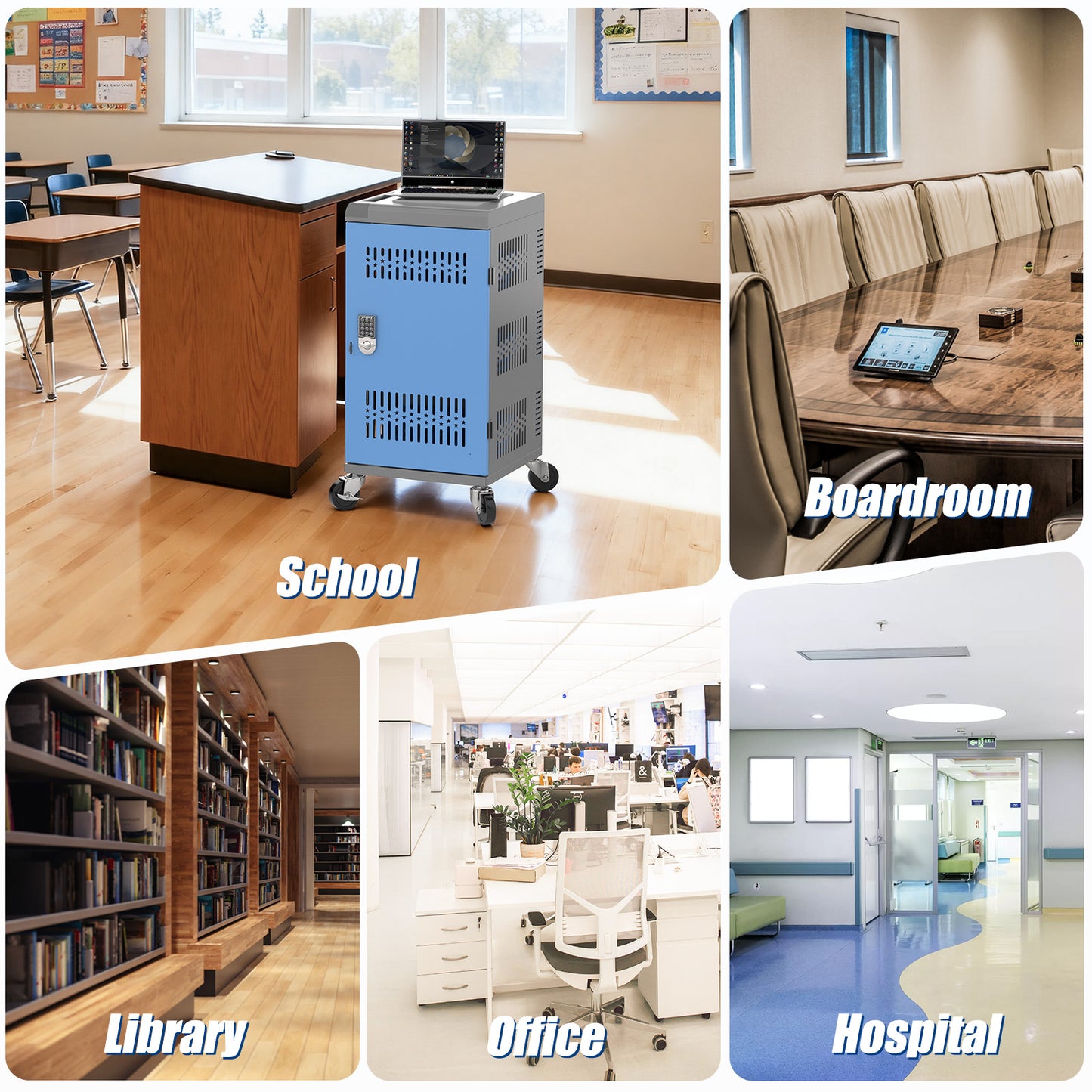 M-C30B-T - Fully Assembled 30 Bay Mobile Charging and Storage Cart for iPad,Chromebook and Laptop Computer with Keypad Lock,Up to 14-inch Screen Size,Surge Protection,Front & Back Access Locking Cabinet