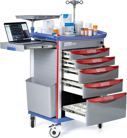 Emergency Crash Cart with IV Pole, Cardiac Board, O2 Holder & Drawers – Hospital Medical Cart