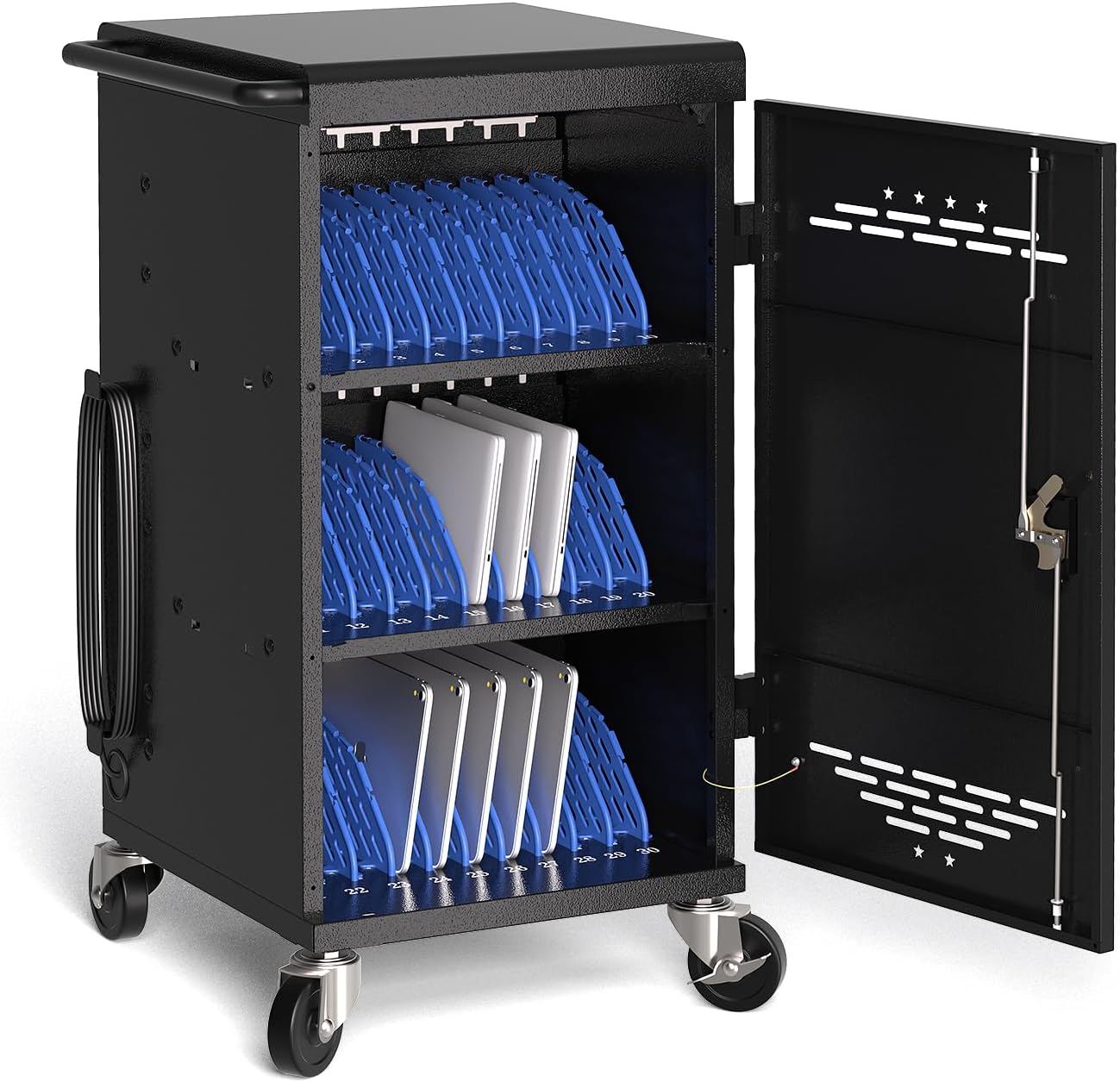 M-C30A-H - 30-Device Charging Station for Chromebooks, iPads, and 14'' Laptops – Mobile Charging Cart with Cable Management, Circuit Breaker, Grounding Protection, and Assembly Required