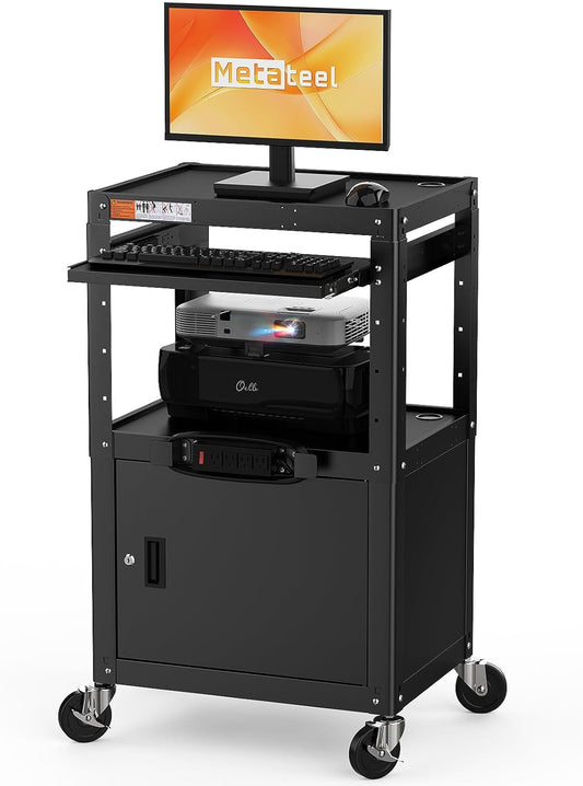 M-AV-G - Steel Large AV Cart with Extra Storage - Adjustable Height Cart with Locking Cabinet, Pullout Tray, Power Strip, and Cord Management - Holds 300 lbs and Easy to Assemble (24'' x 18'' x 42'')