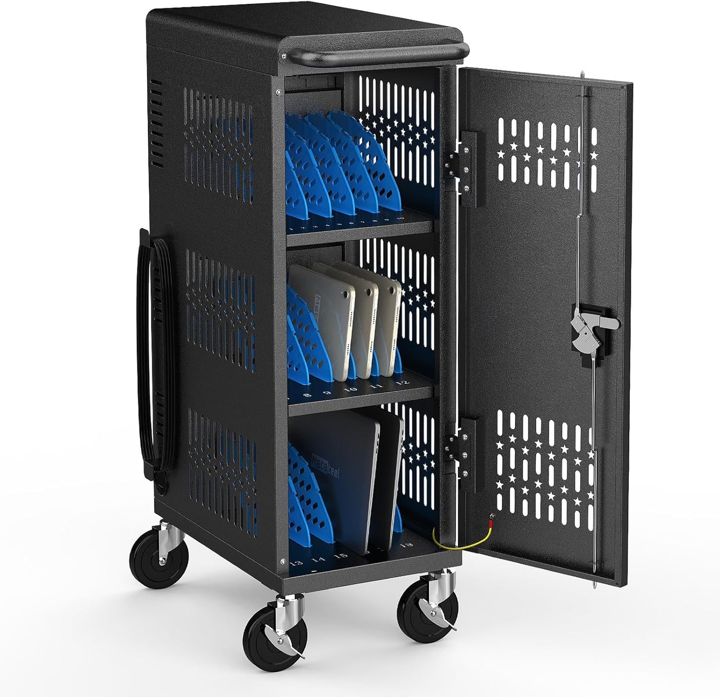 M-C18-H - Fully Assembled 18 Bay Heavy-Duty Metal Mobile Charging and Storage Cart for iPad,Chromebook and Laptop Computer Up to 14-inch Screen Size with Key Locks, Charger and Cable Organization,Black