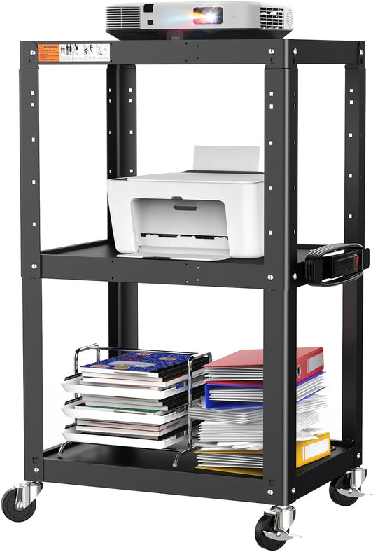 M-AV-JS - 3 Shelf Metal Utility cart - Steel Construction Mobile Presentation Cart Projection Cart with Power Strip - Durable Utility Cart AV Carts on Wheels - Supports Up to 300 LBs (24'' x 18'' x 41'')