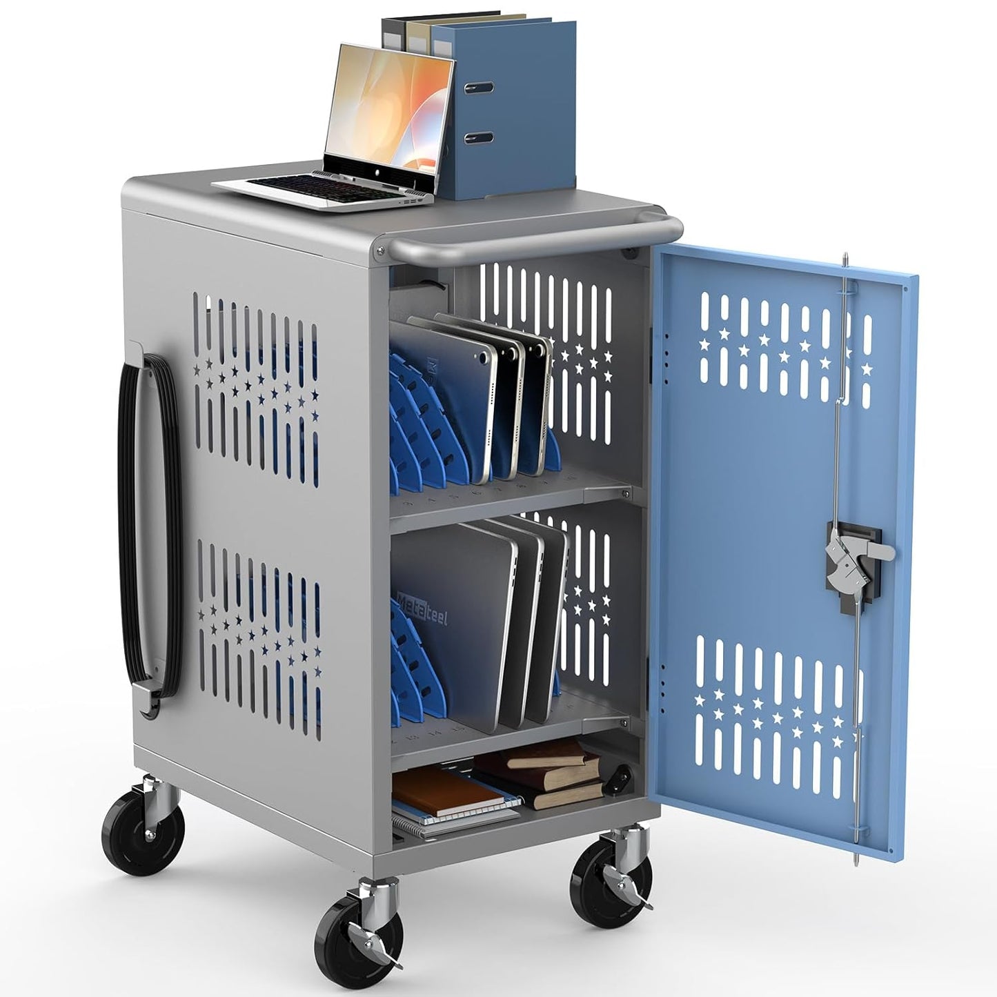 M-C20-T - 20 Bay mobile charging cart with storage for multiple Chromebook, laptop, kindle, iPad | Charging Station with Cable Management for classroom less assembly