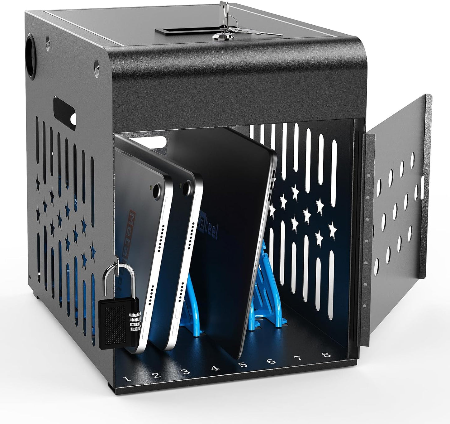 M-C8-H - 8 Tablet Charging Station Lock Box - Fits 14" Screen, Steel Case & Lockable Door, & 2 Keys Included - For Chromebook, Laptop,and Tablets - Ideal for Offices, Classrooms, & Hospitals (Black)