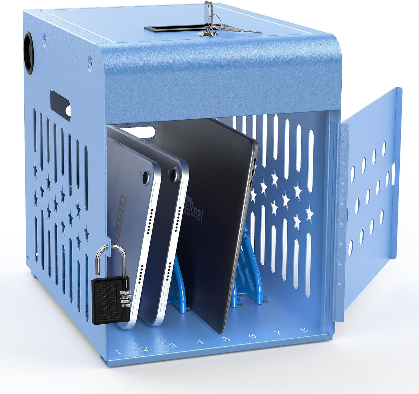 M-C8-B - 8 Tablet Charging Station Lock Box - Fits 14" Screen, Steel Case & Lockable Door, & 2 Keys Included - For Chromebook, Laptop,and Tablets - Ideal for Offices, Classrooms, & Hospitals (Blue)