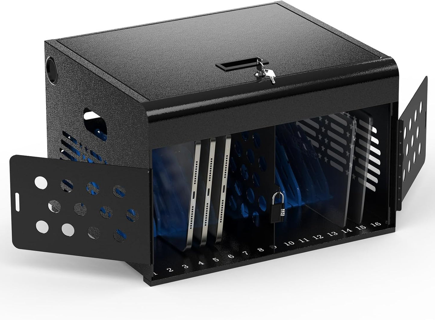 M-C16B-H - 16-Device Locking Tablet Charging Station - Classroom Charging Station for 16 Chromebook Tablet Laptop - Metal Laptop Charging Cart with Cable Management and Charger Organization (Black)