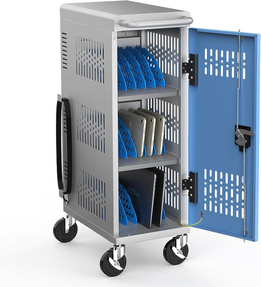 M-C18-T - Fully Assembled 18 Bay Heavy-Duty Metal Mobile Charging and Storage Cart for iPad,Chromebook and Laptop Computer Up to 14-inch Screen Size with Key Locks, Charger and Cable Organization,Grey