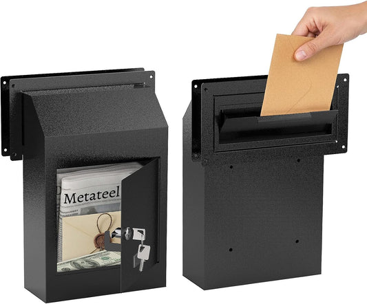 M-D1A-H - Door Drop Box for Mail, Rent, Deposit, and Night Key - Through The Door Locking Steel Mailbox with Rear Access | 9.75” L x 4.25” W x 14.75” H (Black)