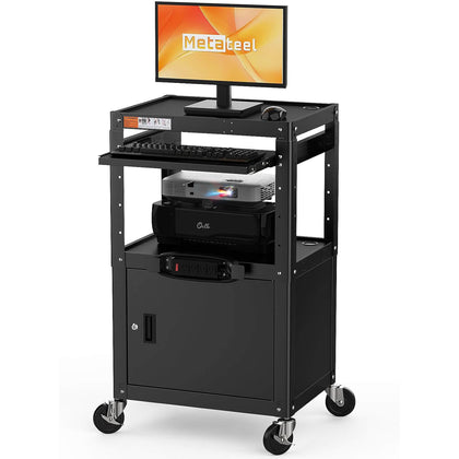 Steel AV Cart with Locking Cabinet, Adjustable Height, and Storage – 300 lbs Capacity