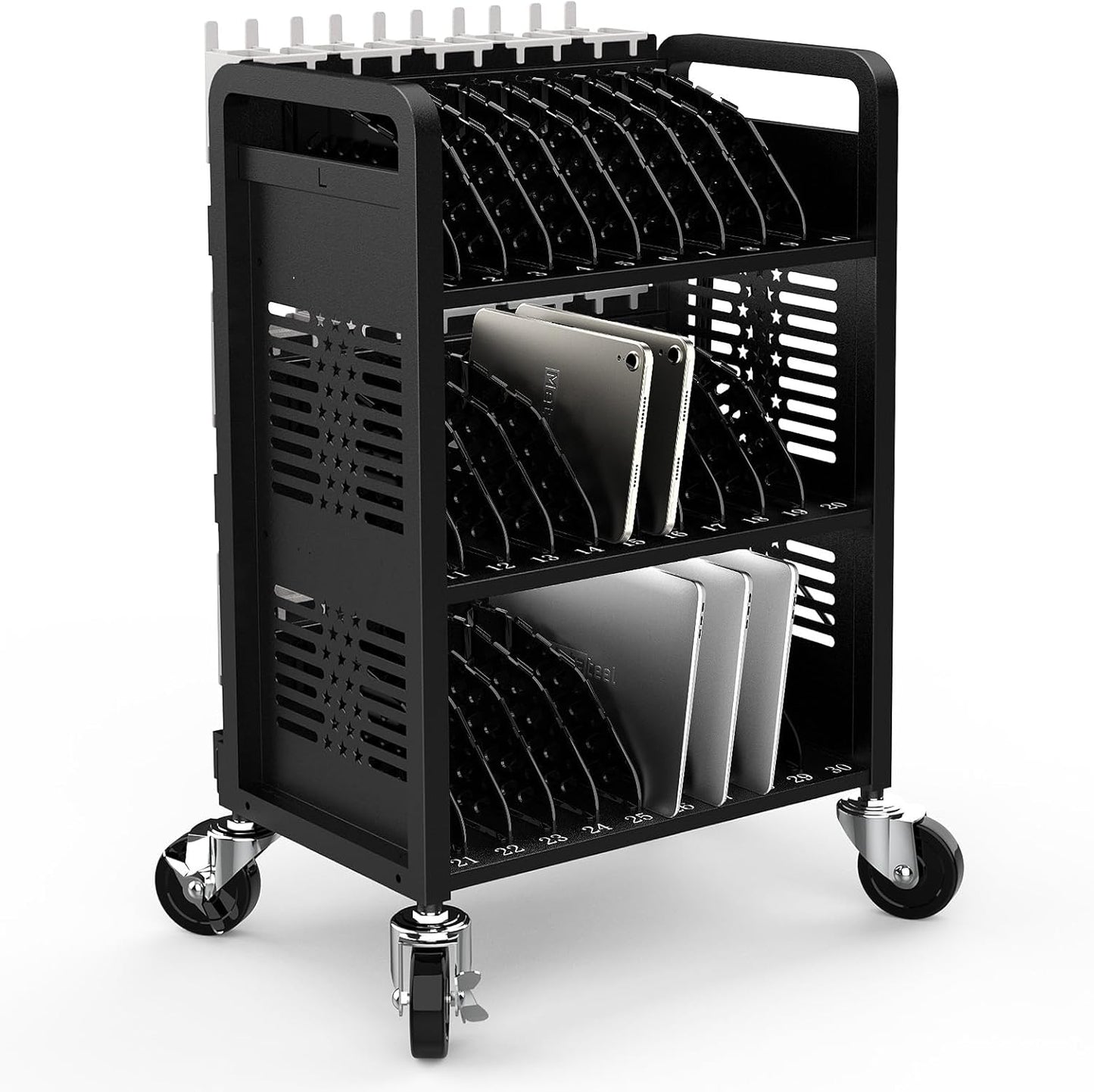 M-C30D-H - 30-Unit Mobile Charging Cart-Open Charging Station Rack for 14-inch Chromebooks and Tablets-Tablet Organizer Station with Cable Management and Charger Organization(Black)