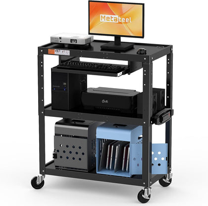 Extra Large 3 Tier Rolling Cart with Power Strip - Heavy Duty Utility Cart Rolling Computer Cart - Durable Utility Cart
