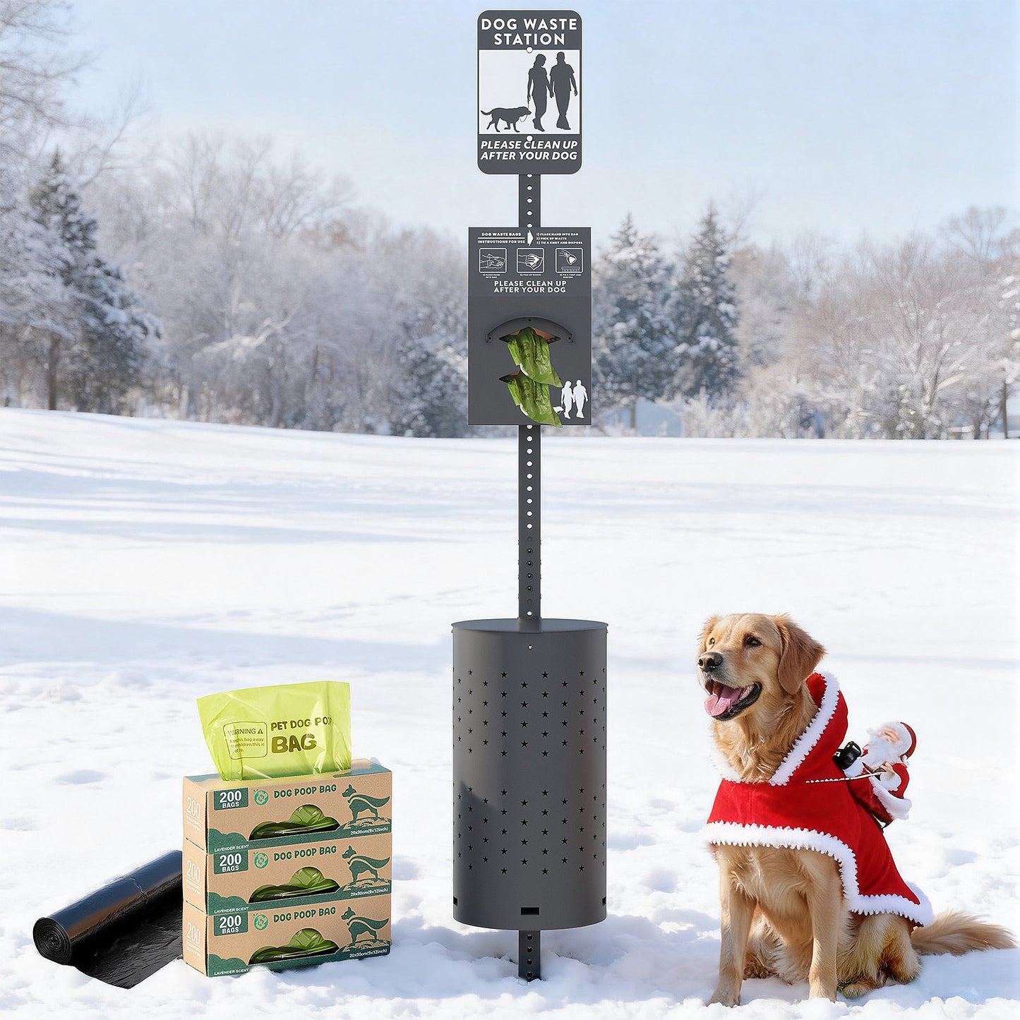 M-D37GK-H0 Black Dog Waste Station Outdoor, Pet Waste Disposal Station Rustproof Aluminum with 10 Gallon Trash Can, 600 Dog Poop Bags & 50 Liners for Parks, Trails, HOA Communities, Backyards